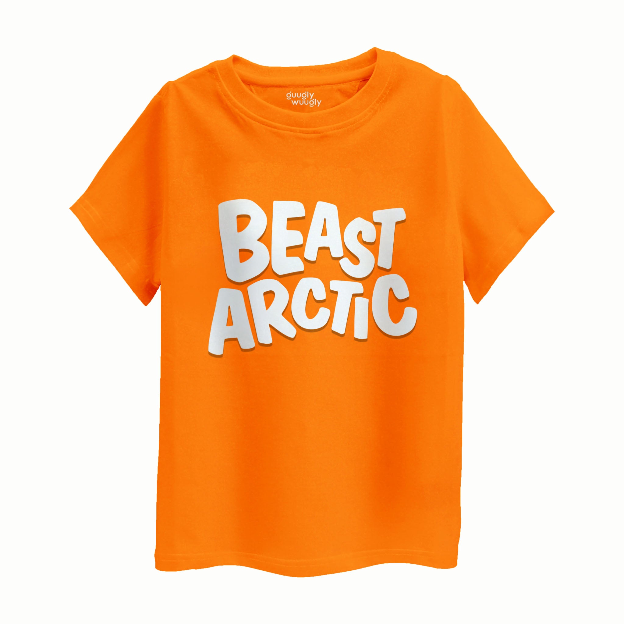 Front view of Boys Beast Arctic T-shirt in orange for ages 4-12, featuring a bold Beast Arctic design perfect for adventurous kids.