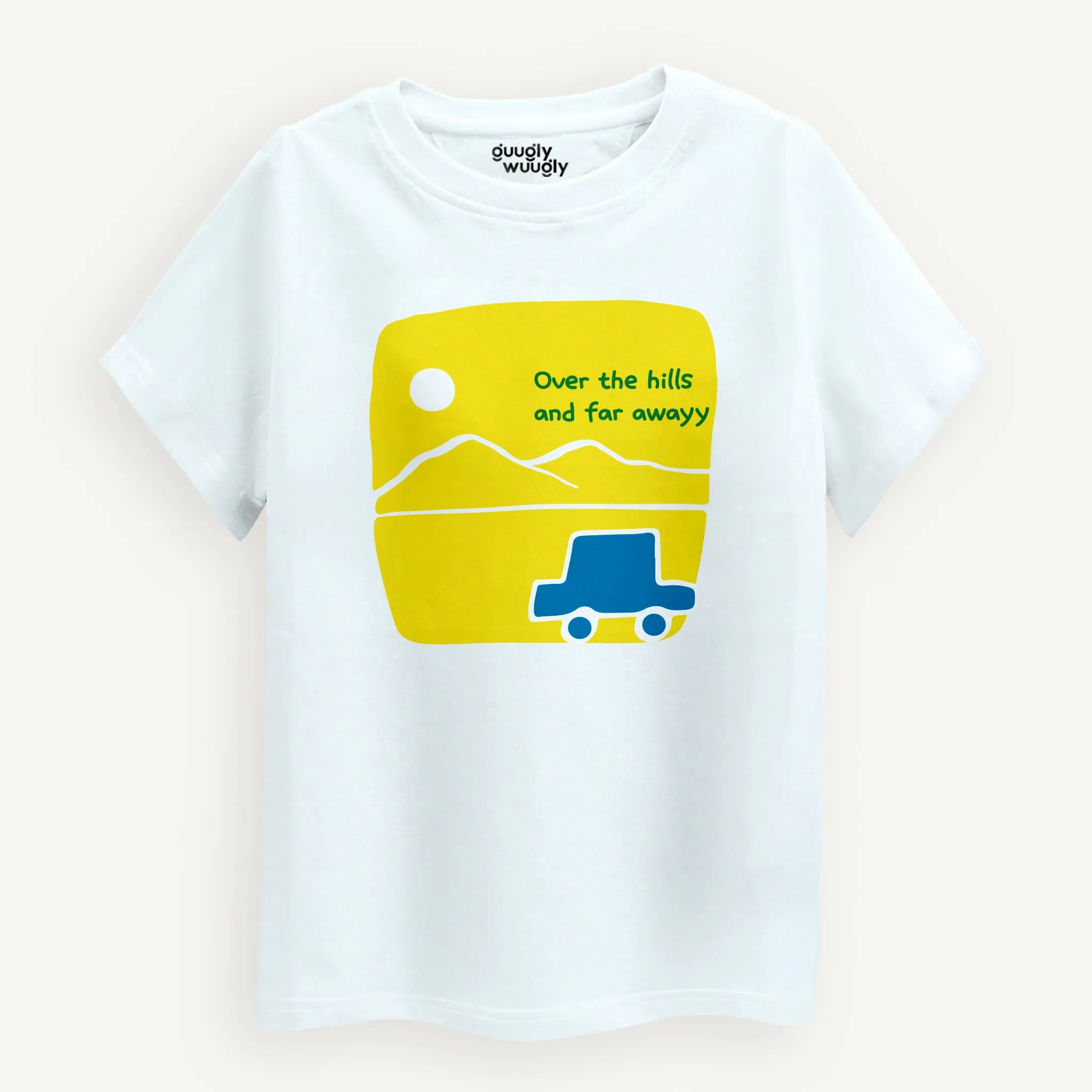 Front view of boys' white 'Over the Hill' print T-shirt with a blue car on a yellow base, perfect for ages 4-12 years.