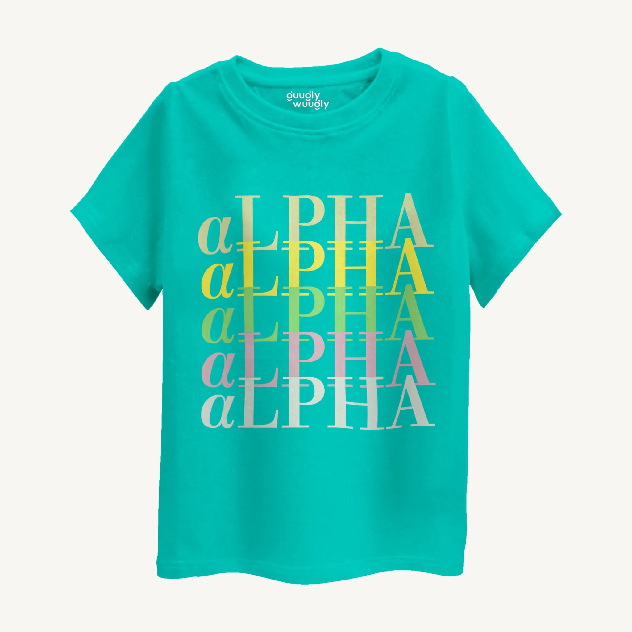 Boys Alpha green T-shirt front view, perfect for kids aged 4-12, with a striking print for a trendy look.