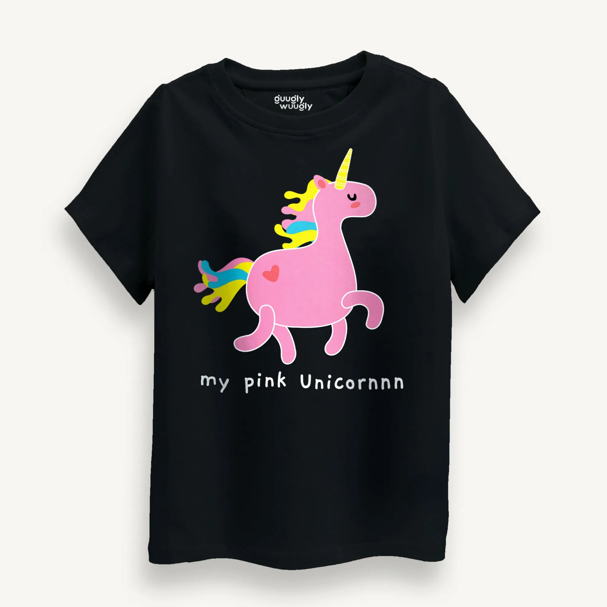 Front view of the Girls Pink Unicorn T-Shirt in Black featuring a whimsical unicorn design.