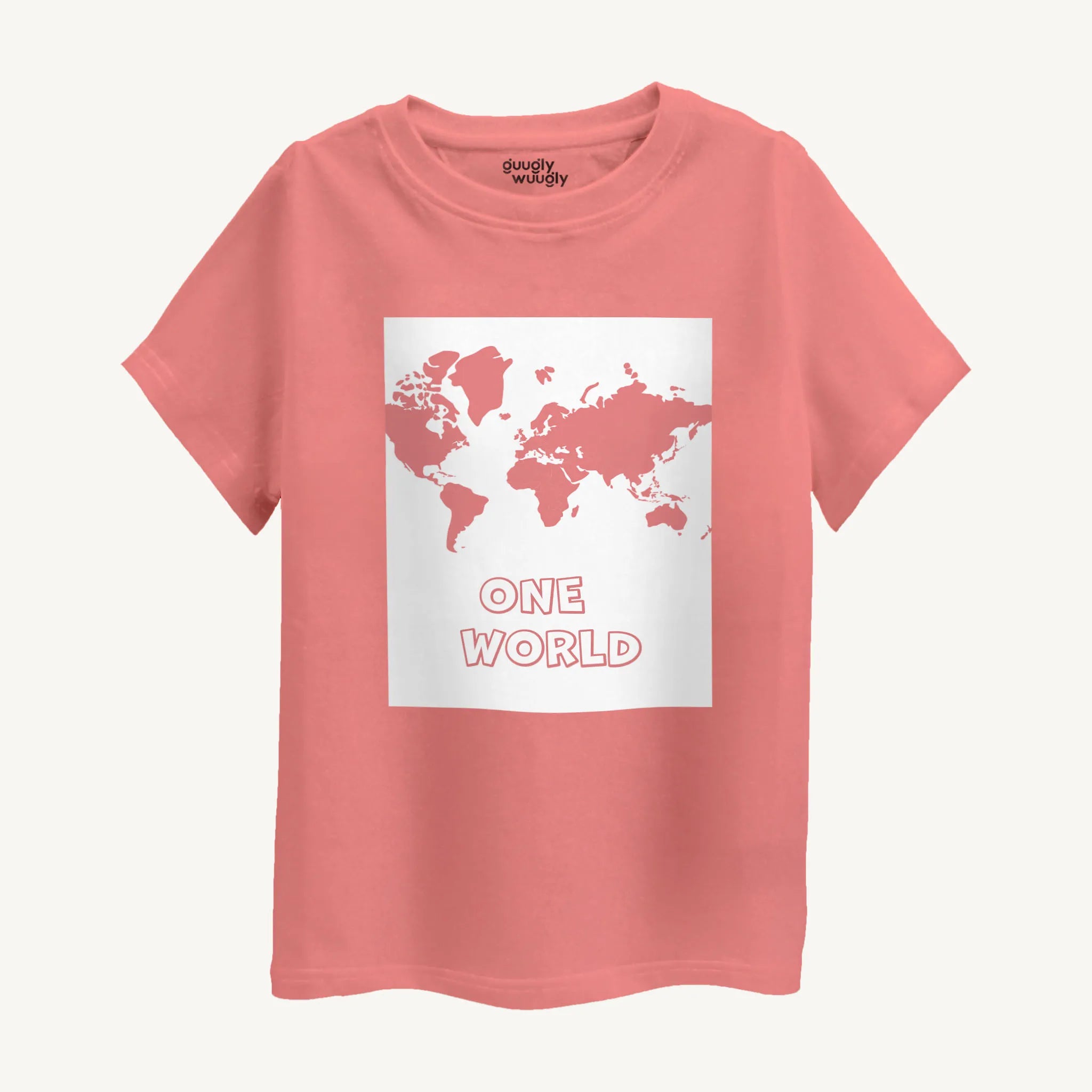 Front view of boys' peach One World print T-shirt featuring a world map, round neck, suitable for ages 4-12 years.