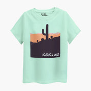 Front view of the Boys Cac n Me Print Round Neck T-shirt, featuring a cactus and desert theme on a green background, suitable for ages 4-12 years.