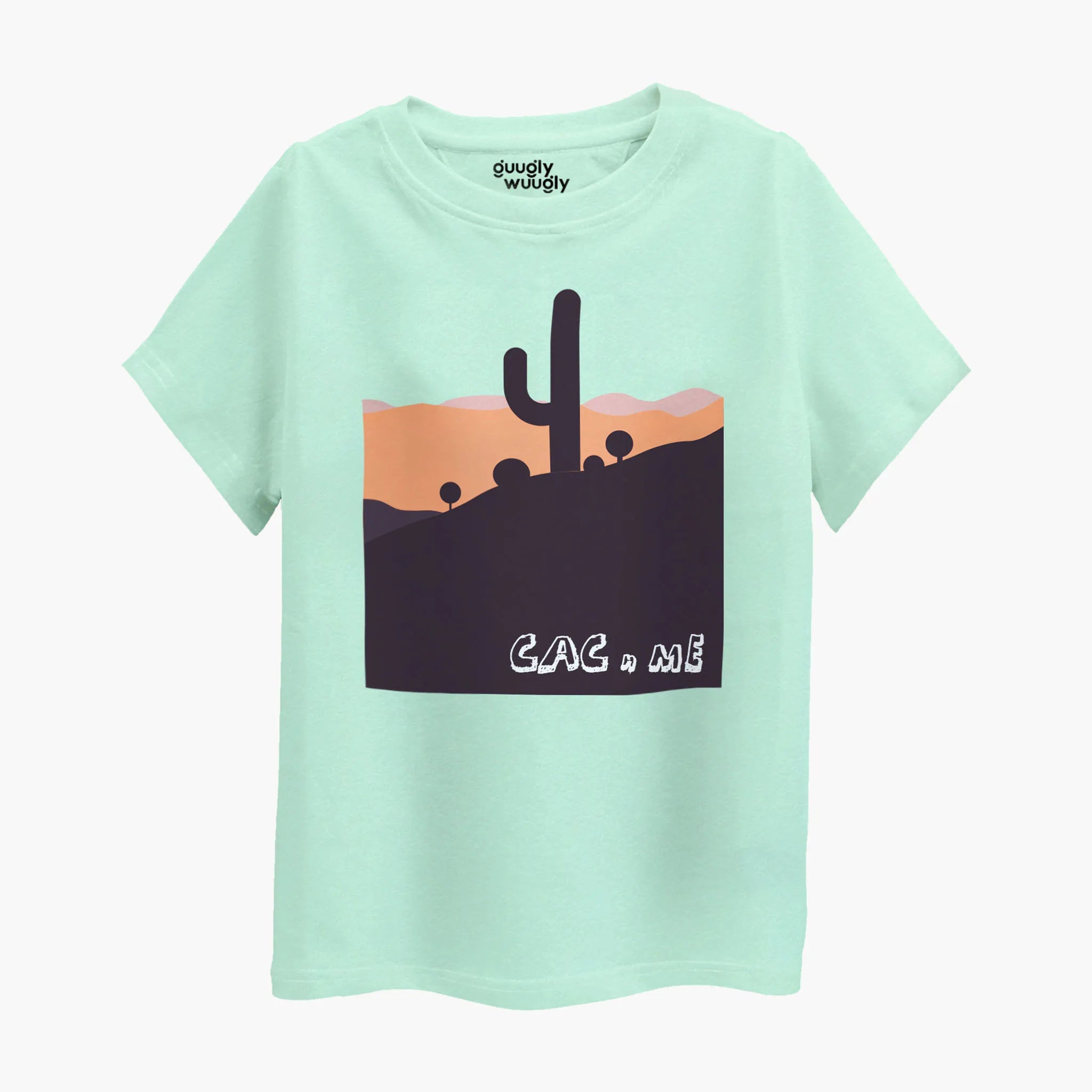 Front view of the Boys Cac n Me Print Round Neck T-shirt, featuring a cactus and desert theme on a green background, suitable for ages 4-12 years.