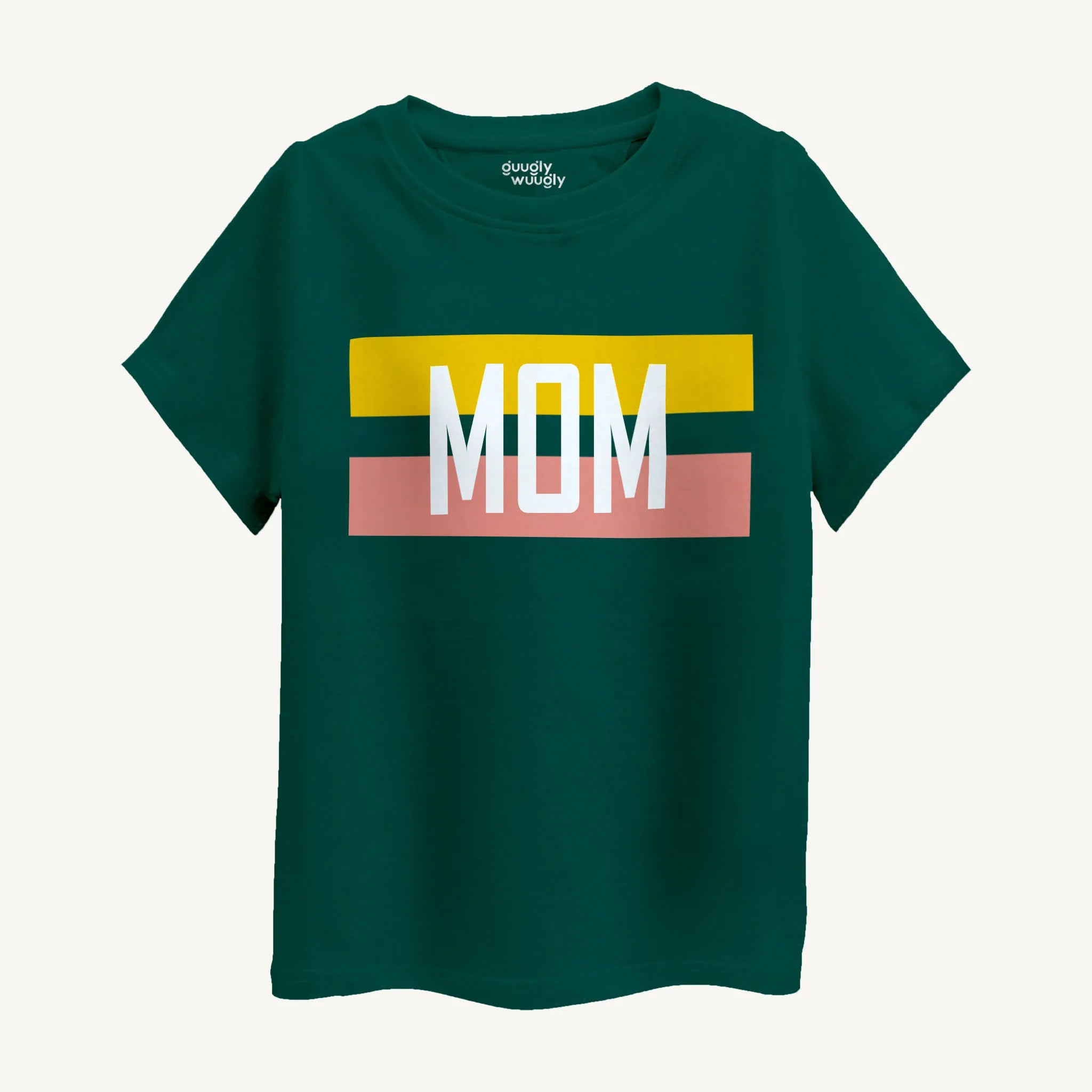 Front view of green boys' T-shirt with a 'Mom' print, available in sizes 4-12 years.