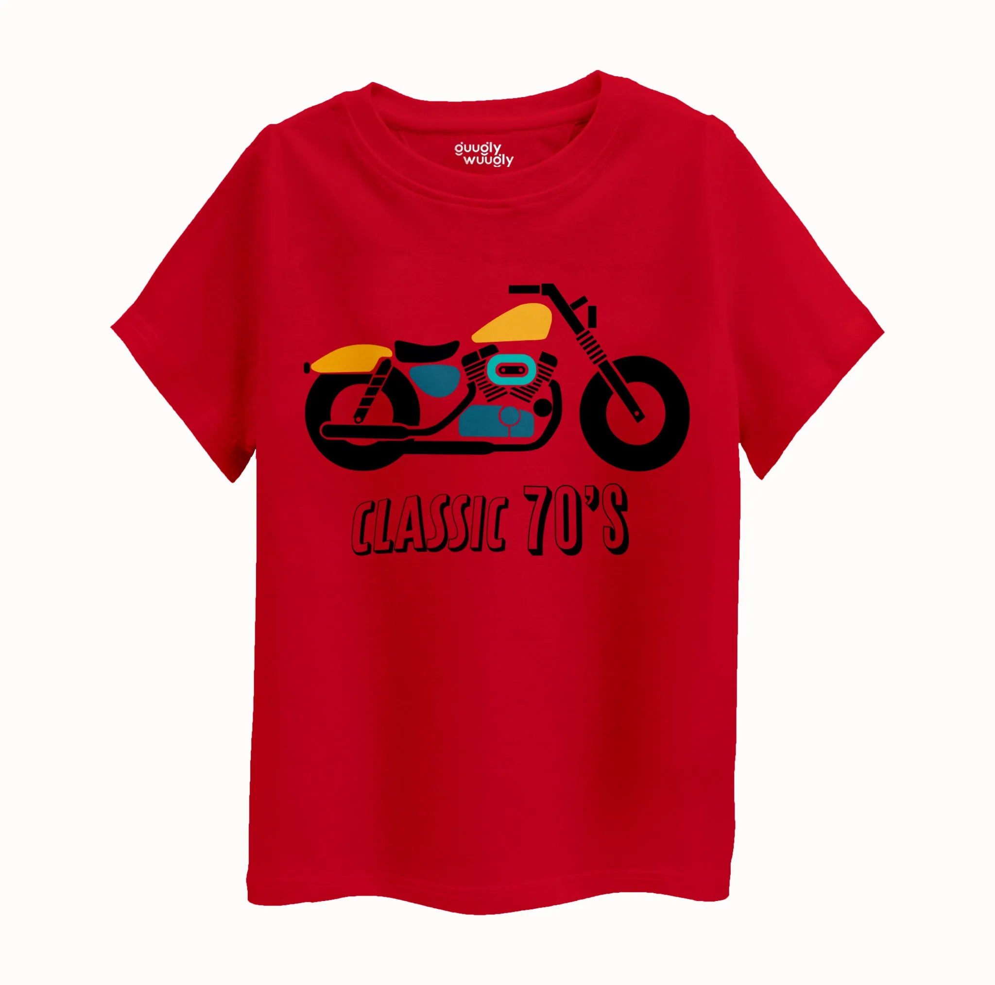 Front view of the Boys Round Neck Bike Print T-shirt in vibrant red, perfect for ages 4-12, featuring a bold bike graphic design.