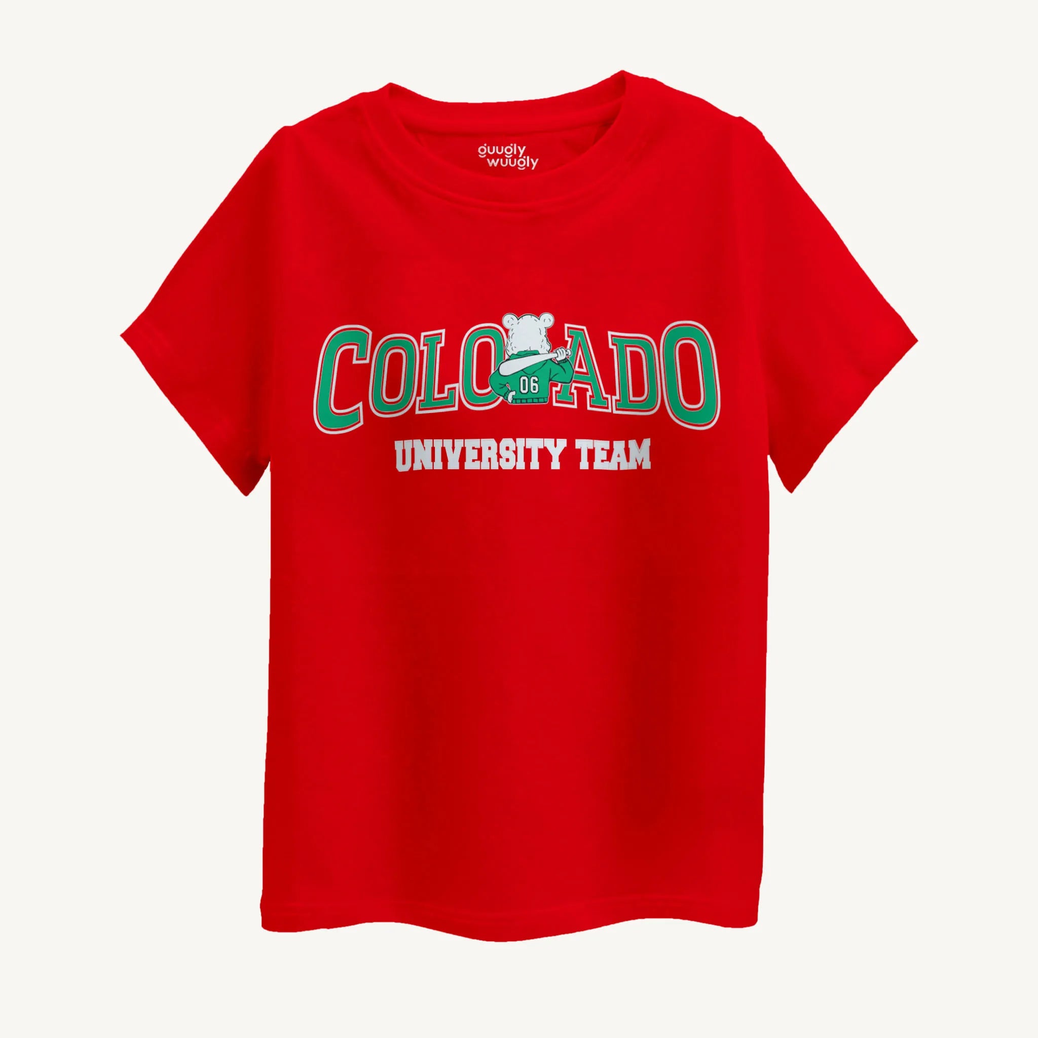 Front view of the Boys Colorado Print T-Shirt in vibrant red, designed for kids aged 4-12 years, showcasing the bold Colorado graphic