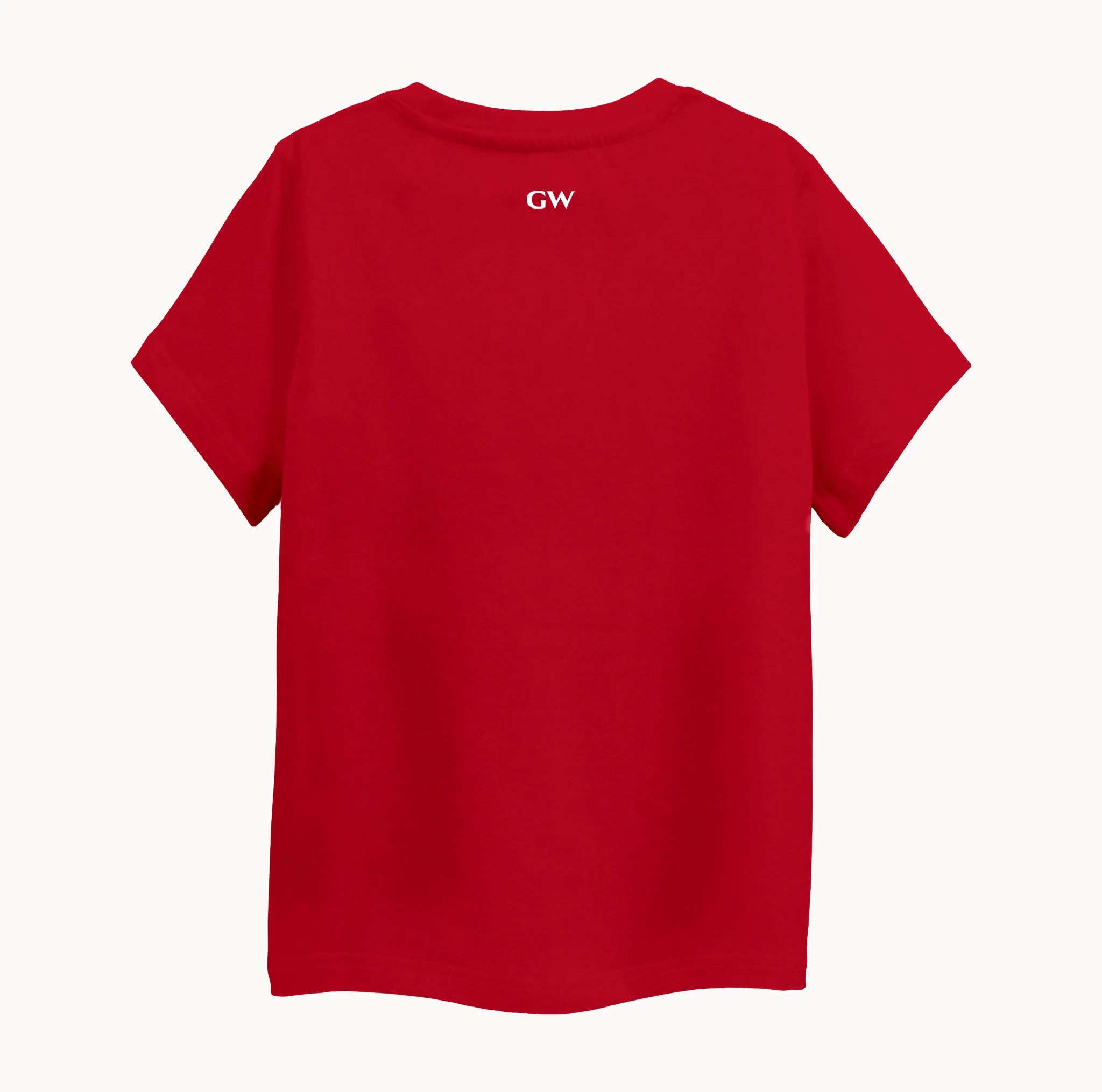 Back view of the Boys Round Neck Bike Print T-shirt in red for kids aged 4-12, highlighting the plain and simple back design.