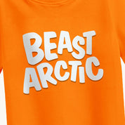 Close-up of the Beast Arctic graphic design on the Boys Beast Arctic T-shirt in orange for ages 4-12, showing intricate details.