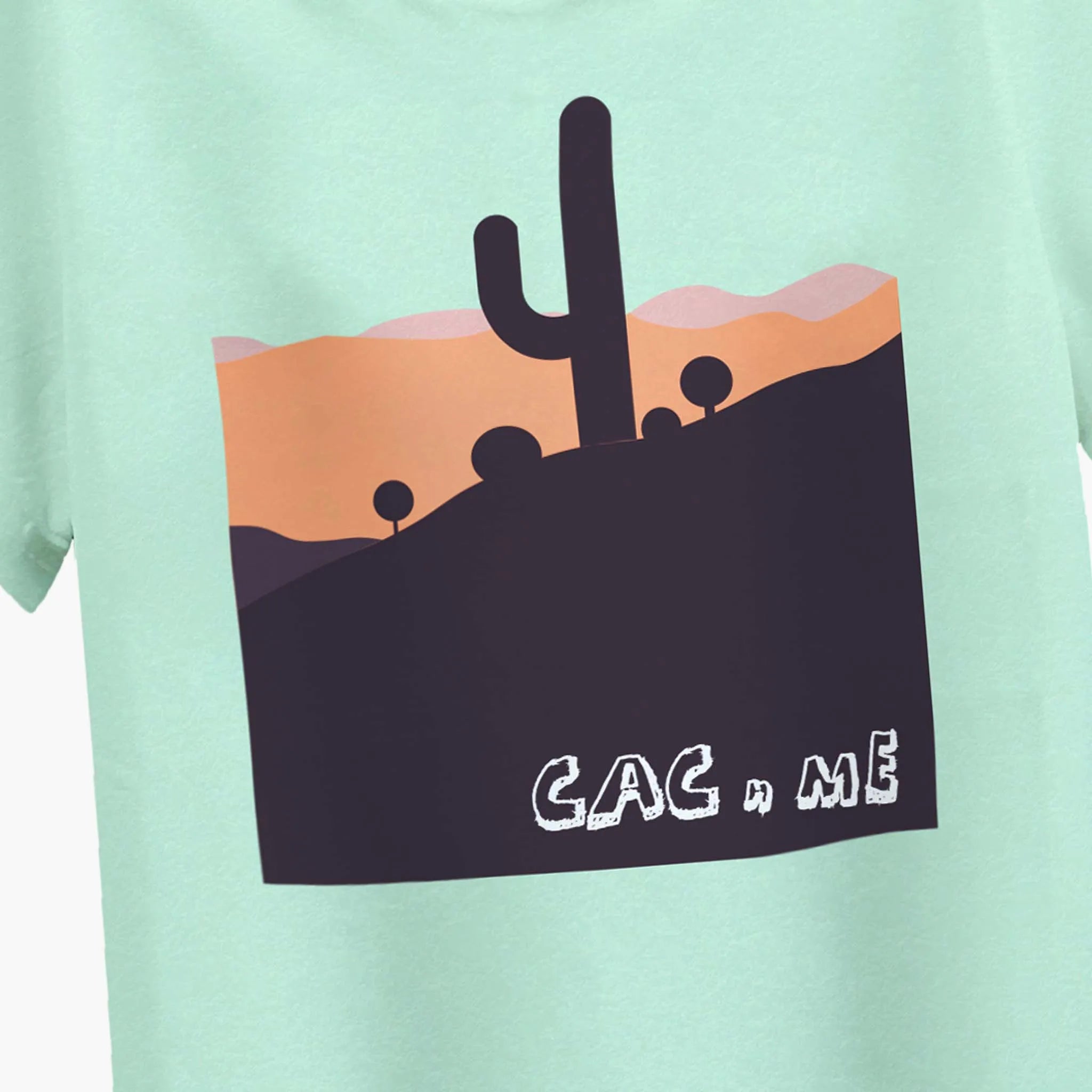 Close-up of the cactus and desert print on the Boys Cac n Me Round Neck T-shirt in green, for ages 4-12 years, emphasizing the fun and unique graphic design.