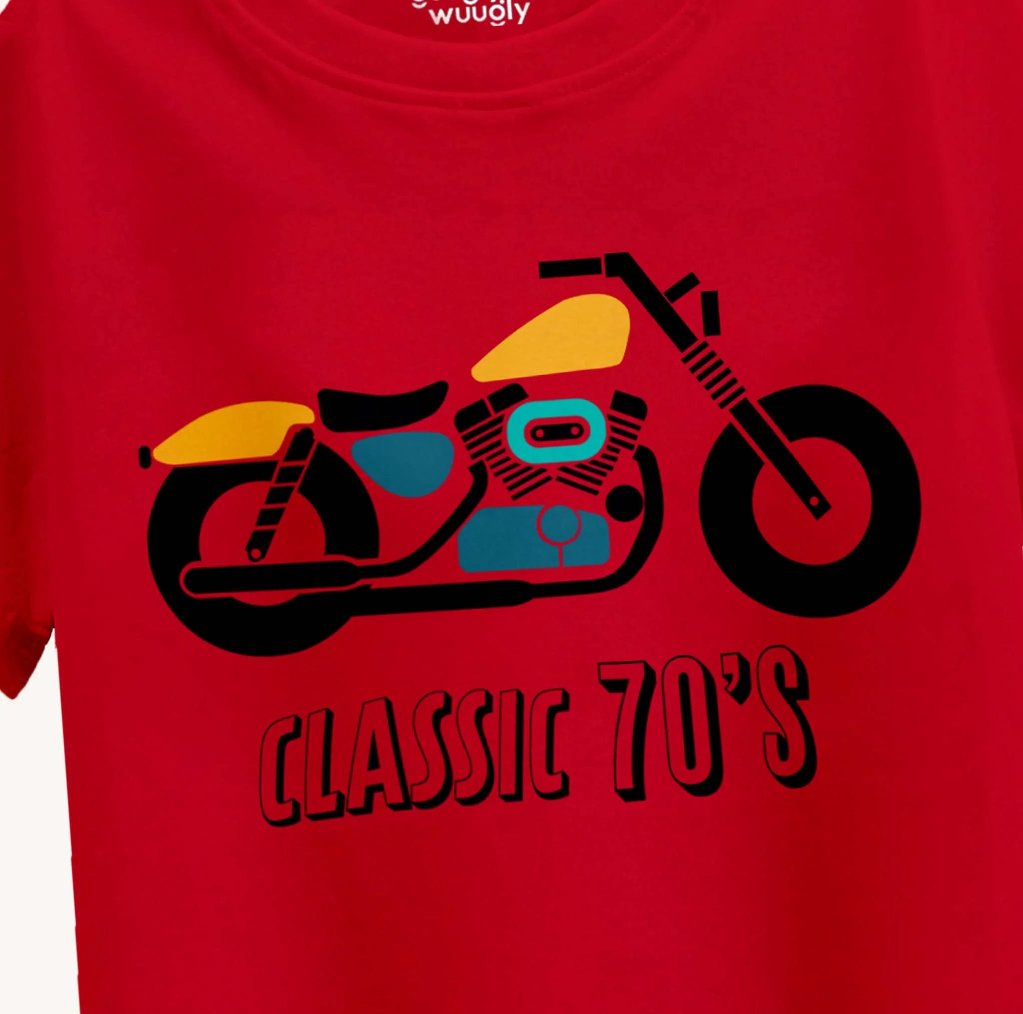 Close-up of the bike print on the red Boys Round Neck T-shirt for ages 4-12, focusing on the detailed design and vibrant colors