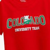 Detailed view of the bold Colorado graphic on the red Boys T-Shirt, designed for children aged 4-12, showcasing the unique print quality.