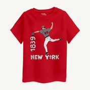 Red boys' T-shirt with a bold New York and baseball player print, front view, sizes 4-12 years.