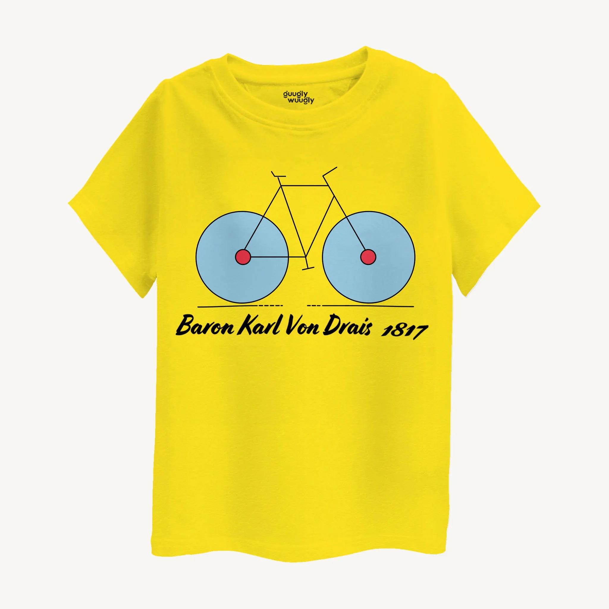 Front view of the Boys Round Neck Bicycle Print T-shirt in yellow, designed for children aged 4-12, featuring a fun and playful bicycle graphic.