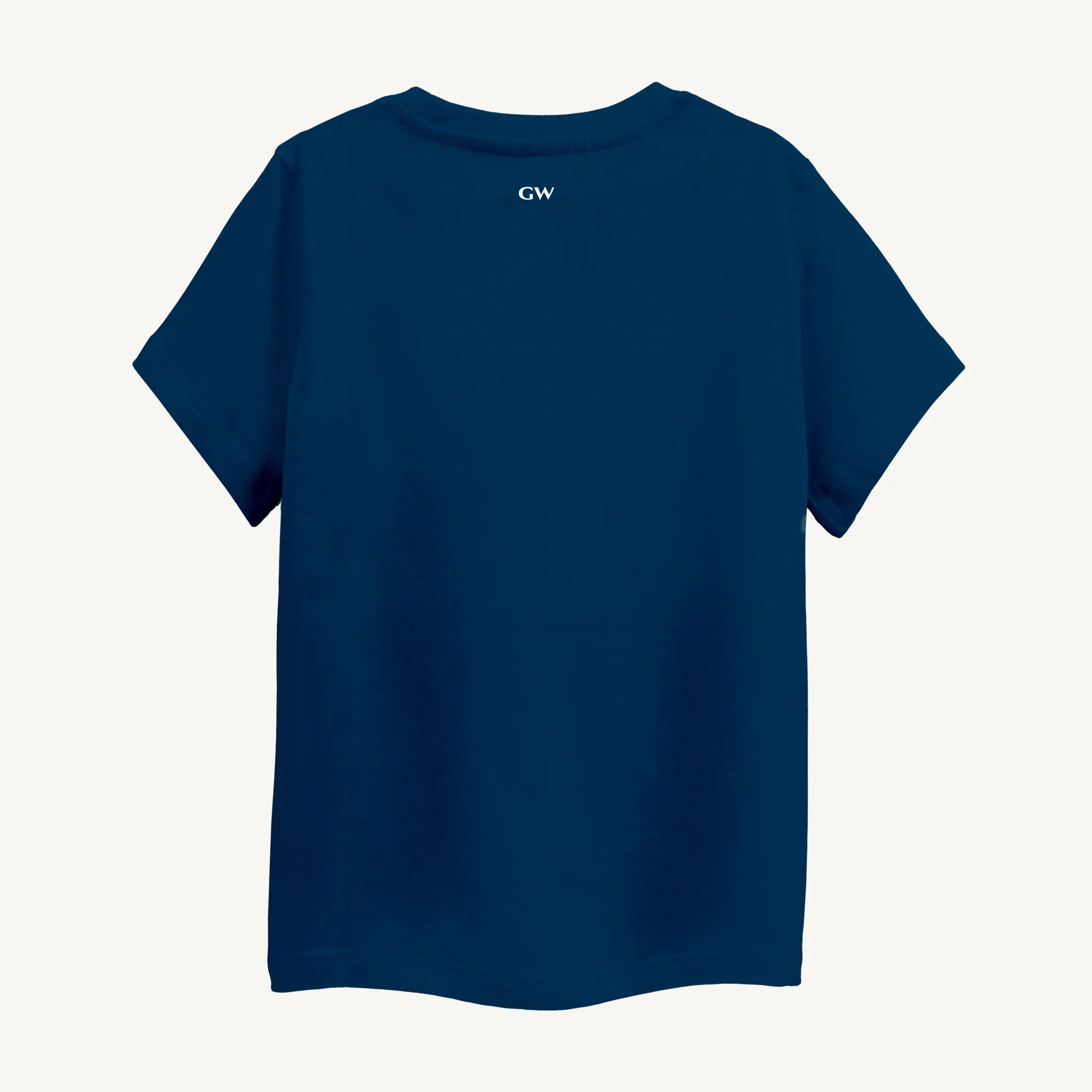 Back view of the Boys Contour Print T-Shirt in blue, round neck, suitable for children aged 4-12, featuring a plain back for a classic look.