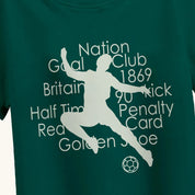 Detailed view of the football design on the Boys Green T-Shirt, perfect for children aged 4-12, focusing on the intricate sports-themed print.