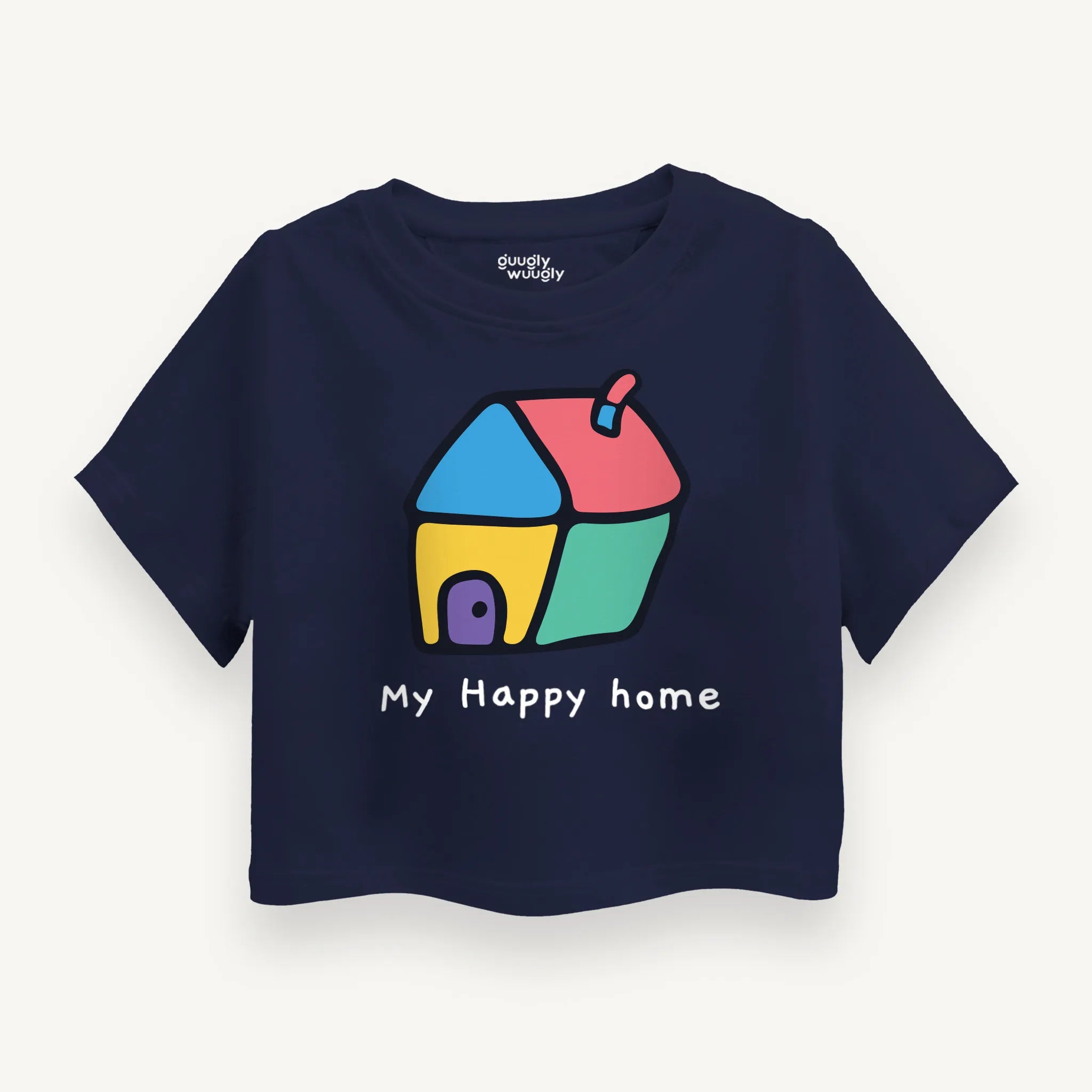 Front view of the Girls My Happy Home Crop Top in Navy Blue featuring a charming home design.