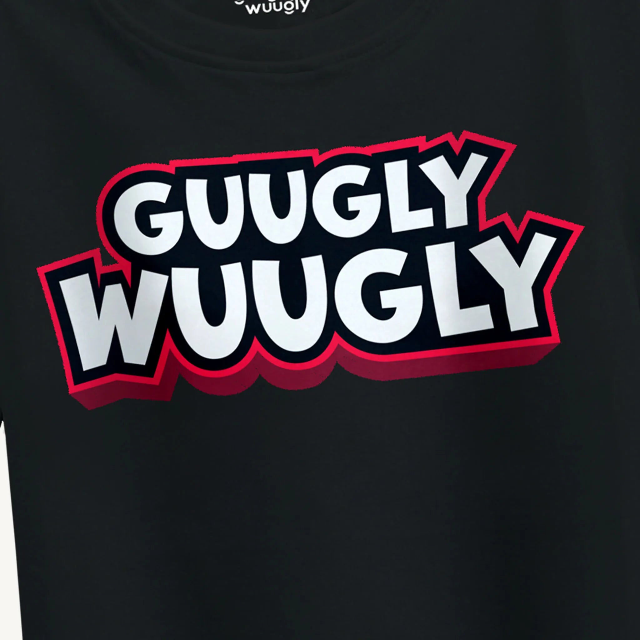 Close-up of the Guugly Wuugly print design on the Boys black T-Shirt, for ages 4-12, emphasizing the vibrant and playful print.