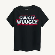 Front view of Boys Guugly Wuugly print T-Shirt in black, designed for kids aged 4-12, featuring a bold logo print