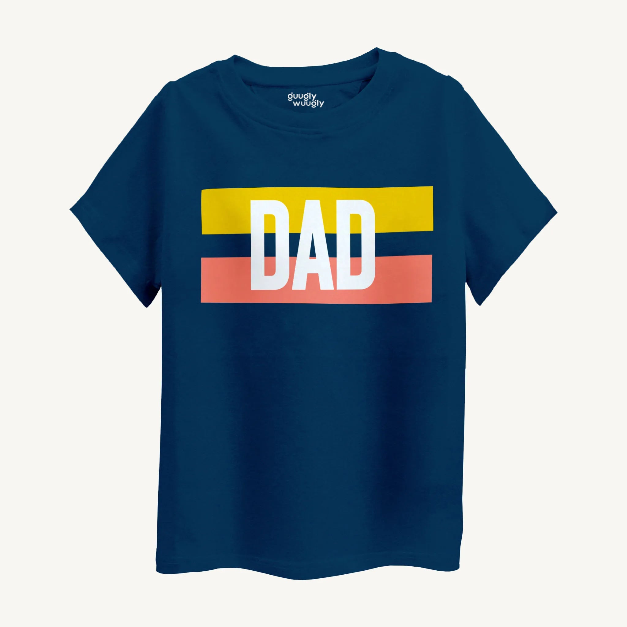 Front view of the Boys Dad Print T-Shirt in blue, for ages 4-12 years, showcasing a bold 'Dad' graphic on the chest.