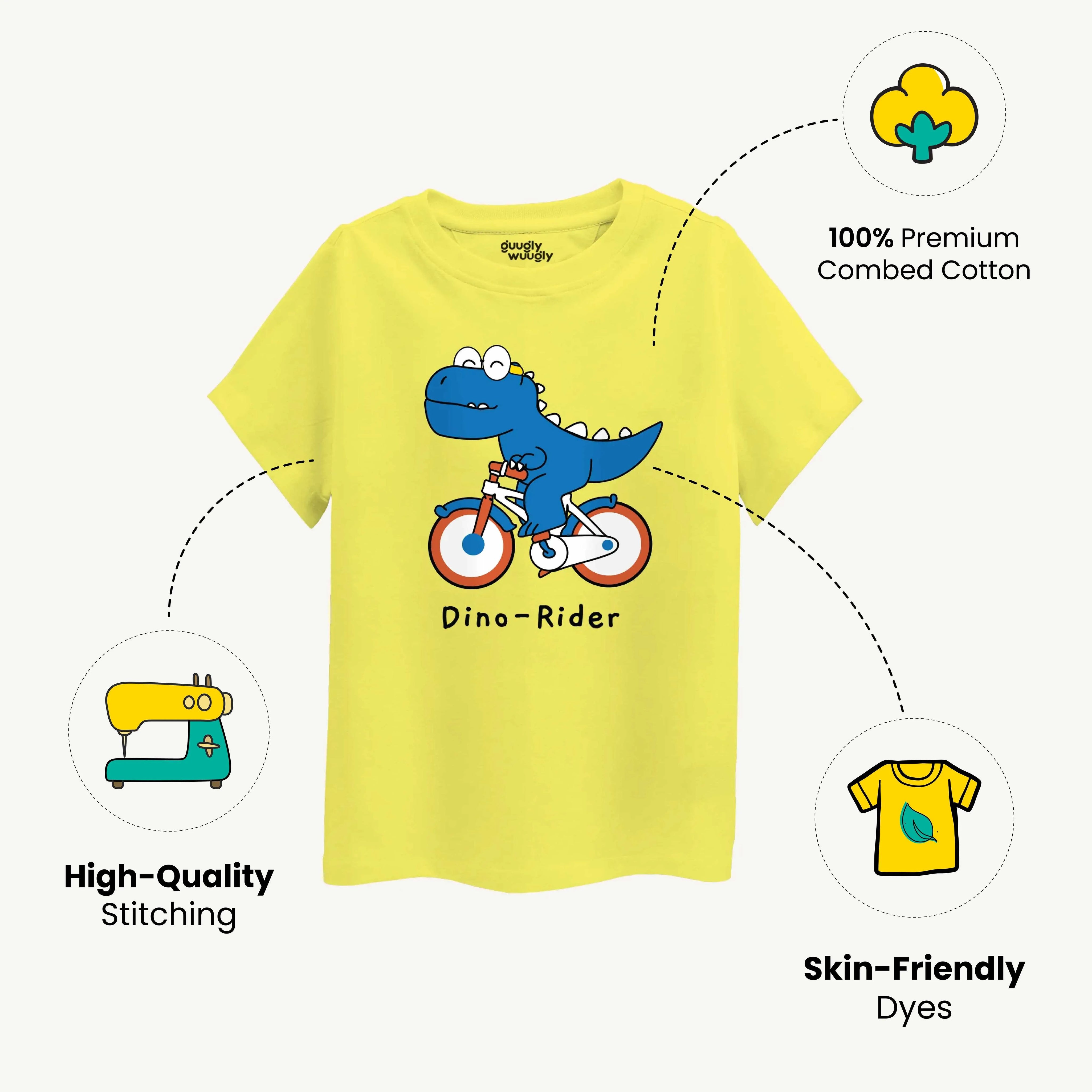 boys dino rider yellow tshirt features