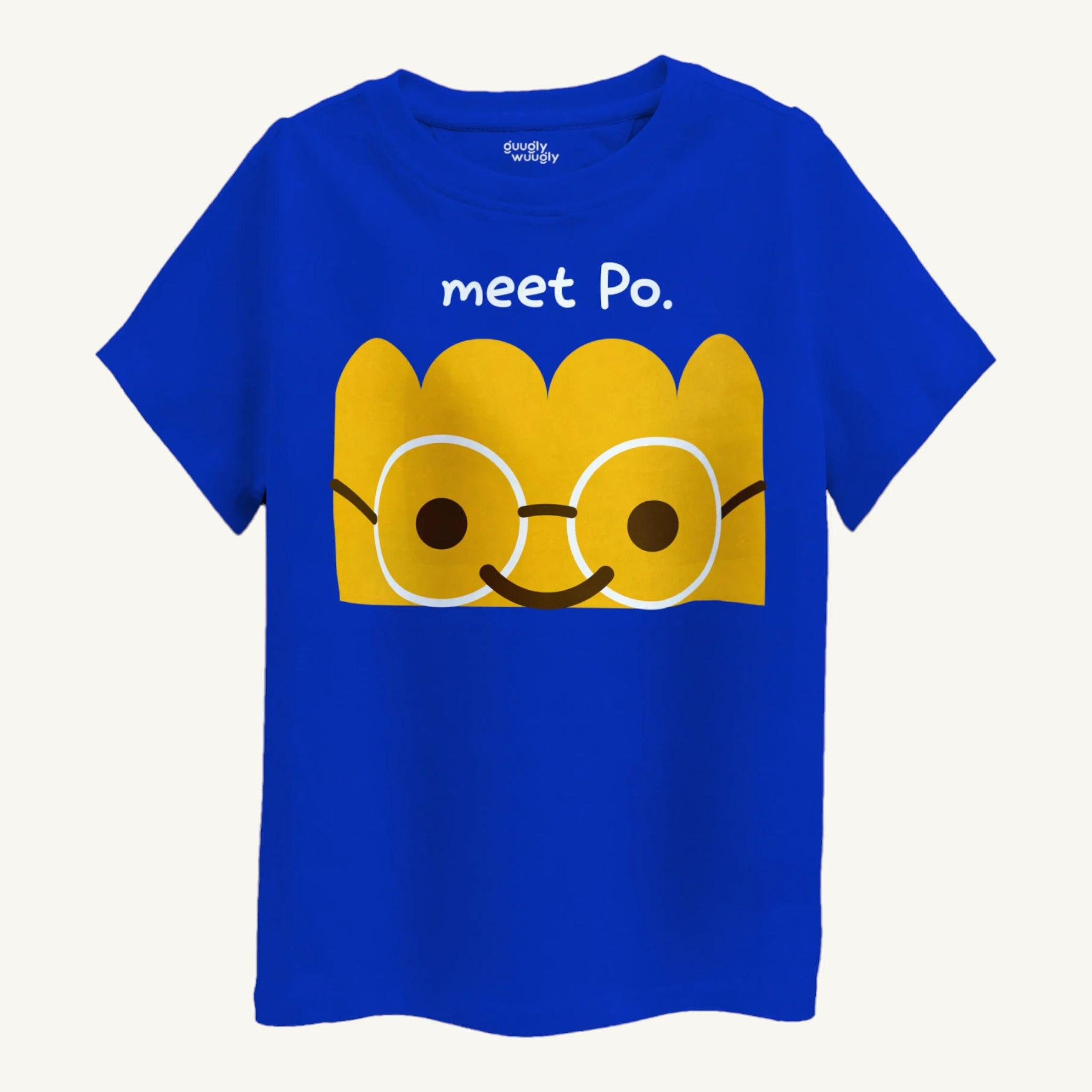 Front view of boys' classic blue T-shirt featuring yellow Meet Po design, available for ages 4-12.