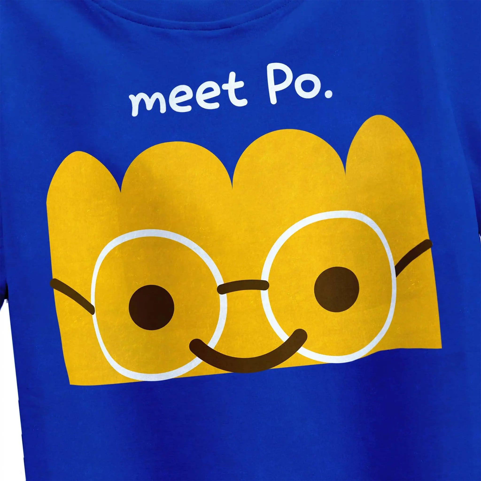 Closeup of yellow Meet Po design on boys' classic blue T-shirt, available in sizes 4-12 years.